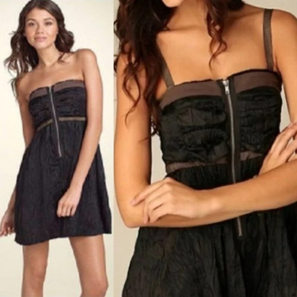 Free People Crinkled Front Zipper Dress Brown Black Size 2 Christine Mini Boho‎